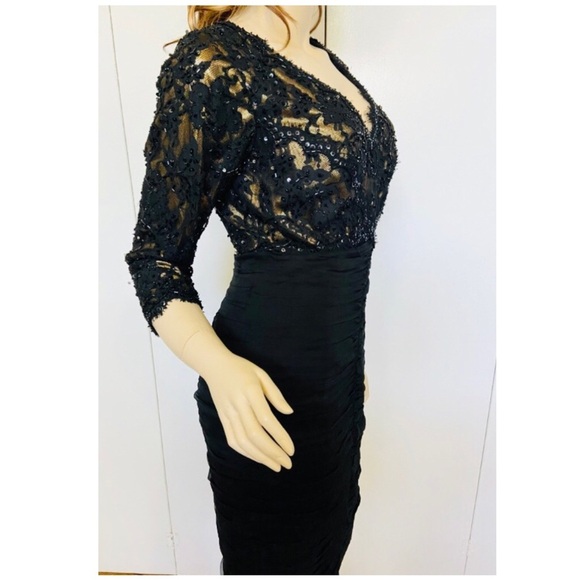TADASHI Collection Vintage Black Lace Silk Shirred Cocktail Dress Size 4 - Picture 5 of 14